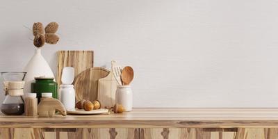 parede branca de maquete com cozinha em pé na prateleira de madeira. foto