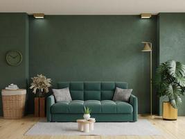 parede verde simulada em tons escuros com sofá verde e decoração mínima. foto