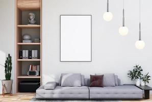 simular o quadro de pôster no interior moderno, totalmente mobiliado, fundo de quartos, sala de estar, foto