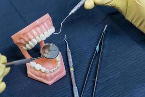 o dentista está segurando dentaduras nas mãos. foto