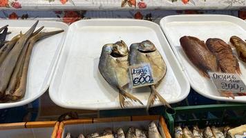 sochi, rússia - 27 de julho de 2022 peixe seco no balcão da loja com uma etiqueta de preço foto
