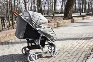 carrinho de bebê com bebê no parque ao ar livre. foto
