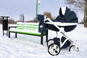 a criança dorme em um carrinho. um carrinho de bebê fica no parque junto ao banco no inverno. foto