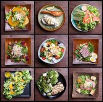 incluindo conjunto de salada de alimentos saudáveis. salada de frutas, presunto bacon, salmão, salada caesar, salada de atum foto