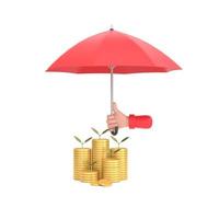 mão segurando o guarda-chuva vermelho sobre a pilha de moedas. close-up da pilha de moedas. foto