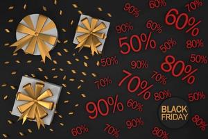 promoção de venda de sexta-feira negra, caixa de presente e fita em um fundo preto foto