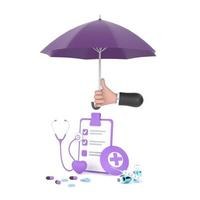 mão segure estetoscópio de guarda-chuva roxo, seringa, coração vermelho e lista de verificação. foto