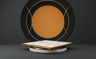 pódio de mármore vazio com formas geométricas em composição cinza para exibição de palco moderno e maquete minimalista, fundo de vitrine abstrato, ilustração 3d do conceito ou renderização 3d foto