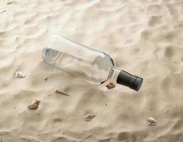 garrafa de vidro transparente na praia sendo carregada pelas ondas do mar até a costa. renderização 3D foto