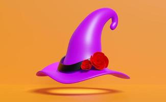 3d bruxa roxa pontiaguda chapéu com flor vermelha rosa isolada em fundo laranja. conceito mínimo de festa de feriado de halloween, ilustração de renderização 3d foto