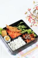 caixa de bento japonesa com ovo, pepita, ebi furai, edamame e salsicha teriyaki. foto