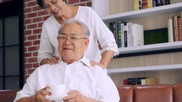 casal de idosos asiáticos passando tempo juntos em casa. foto