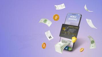 renderização 3D de transferência de dinheiro online por ter uma conexão de cartão de crédito e ter um conceito de sistema de supervisão de segurança, transações de dinheiro online, pagamentos móveis usando um smartphone. foto