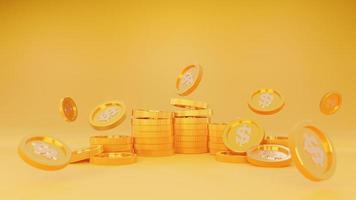 renderização 3D da pilha de moedas de dólar. orçamento, fundo, dinheiro, lucro do investimento. serviços financeiros. moedas de ouro caindo. foto