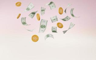 renderização 3D. dólares caindo, moeda, riqueza, notas, papel-moeda. foto