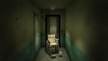 horror e elevador assustador com cadeira de rodas no hospital renderização em 3d foto