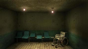 horror e assento assustador esperando e cadeira de rodas em frente à sala de exame no hospital. renderização em 3d foto
