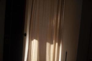 luz no tecido. flores de pêssego em cortinas ao sol. foto