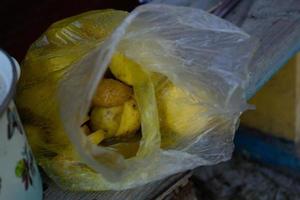 um saco plástico com batatas fatiadas polvilhadas. foto