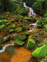 cascatas no fluxo rápido de água mineral. sedimentos férricos