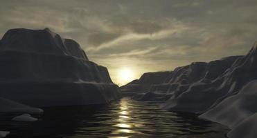 nascer do sol, pôr do sol nas montanhas, montanha de neve. ilustração de uma bela paisagem montanhosa com nevoeiro. renderização 3D. foto