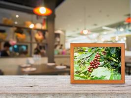 plantação de café em molduras para fotos no balcão de madeira sobre café borrado