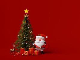 banner de natal do papai noel com árvore de natal e presente, ilustração 3d foto