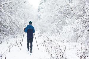 esquiador de blusão e chapéu com pompom com bastões de esqui nas mãos com as costas no contexto de uma floresta de neve. esqui cross-country na floresta de inverno, esportes ao ar livre, estilo de vida saudável. foto