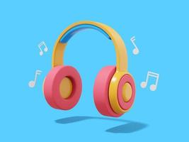 fones de ouvido multicoloridos com notas musicais sobre fundo azul. renderização 3D. foto