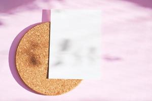 postura plana de cartão postal em branco de identidade de marca no fundo rosa com luz e sombra da botânica, conceito mínimo para design