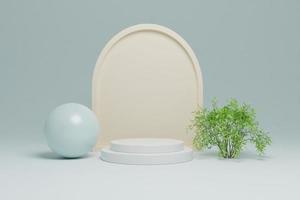 3d rendem pódio redondo branco para apresentação do produto decorado com planta foto