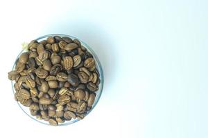 grãos de café arábica torrado marrom orgânico em uma tigela de vidro no fundo branco. concentre-se em grãos de café em uma tigela. famoso e de boa qualidade. foto