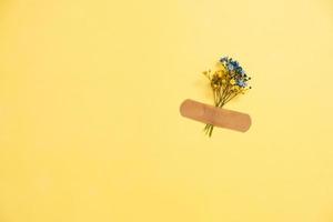 flores azuis e amarelas de gypsophila sob um emplastro médico em um fundo amarelo foto