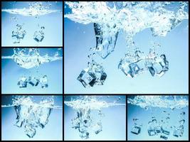 coleção de cubos de gelo caiu na água potável, refrescante. foto