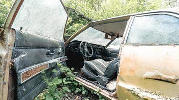 velhos carros ford abandonados despejados na floresta em algum lugar na bélgica foto