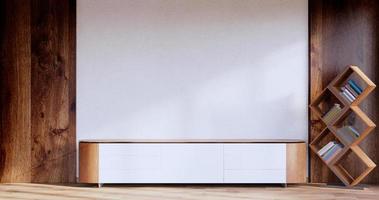 gabinete de madeira design japonês na sala de estar estilo zen parede vazia background.3d renderização foto