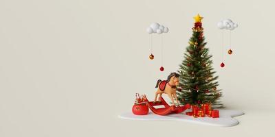 banner web de natal de cavalo de balanço, árvore de natal e caixa de presente, ilustração 3d foto