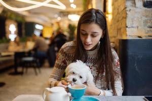 linda mulher está segurando seu cachorro fofo, tomando café no café foto