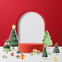 pódio para mostrar produto display.winter decoração de natal em fundo vermelho com árvore de natal. vetor 3D foto