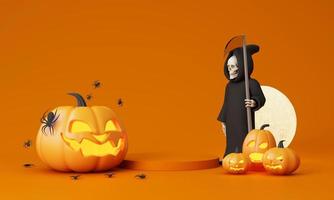 cartazes de festa de halloween felizes com nuvens noturnas e abóboras na ilustração dos desenhos animados. lua cheia, caldeirão de bruxa, teia de aranha e caveira. lugar para texto. fundo do folheto. renderização 3D foto