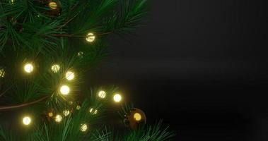 design de plano de fundo com tronco de pinheiro com tema de natal e folhas e acessórios, espaço em branco à direita é preto, renderização em 3d e tamanho 4k foto