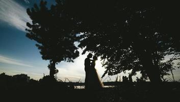 noiva noivo em pé no parque foto