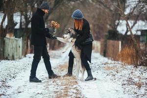 homem e mulher com cachorro andando foto