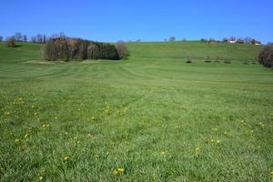 foto panorâmica de um prado verde na primavera no sul da Alemanha, em uma colina suave com casas e contra um céu azul