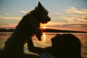 menina e cachorro no lago foto