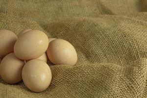 ovos de galinha fresca de fazenda em fundo de saco foto