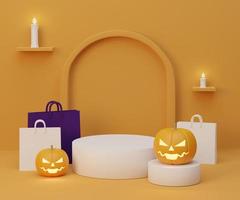 fundo amarelo de halloween 3d e sacola de compras foto