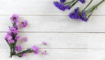 moldura de flores marguerite roxa e statice decora em fundo branco de madeira foto