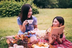 duas amigas desfrutando de piquenique juntos em um parque. foto