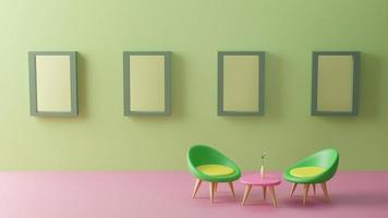 Cadeiras verdes 3D e mesa pequena rosa com a flor, no chão rosa. na parede estão quatro molduras verdes. uma sala com luz vindo da esquerda. ilustração de renderização 3D. foto